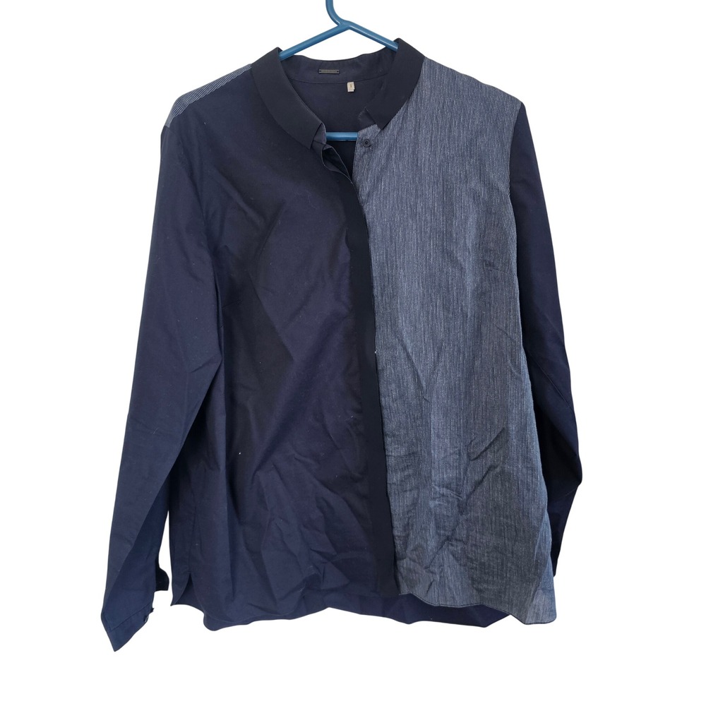 Elie Tahari Navy Blue Colorblock Pinstripe Button Down Shirt XL Mixed Media